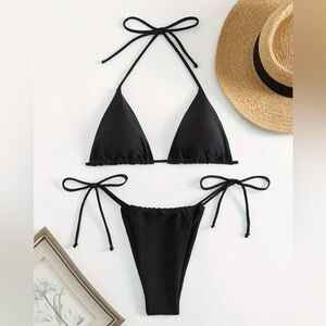 Black Tie-Side Triangle Bikini Set - Women Swim